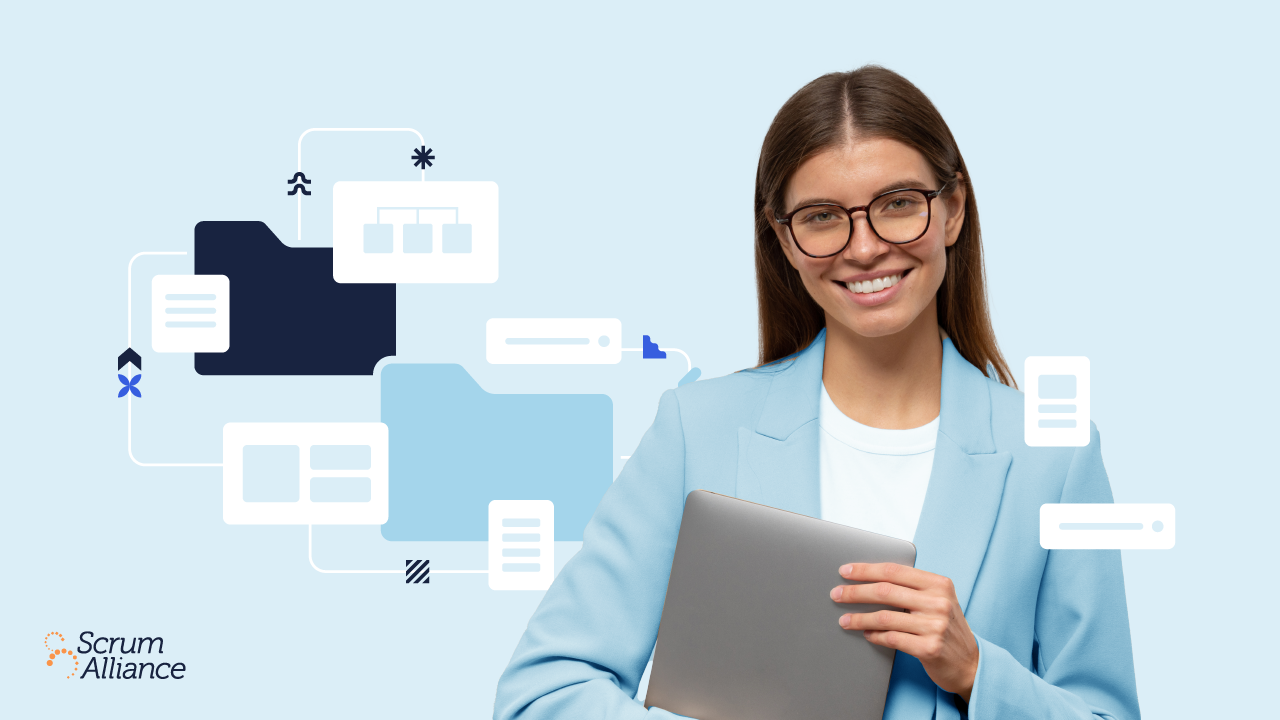 A Scrum Alliance graphic showing the concept of organized folders and documentation with the image of a businessperson smiling